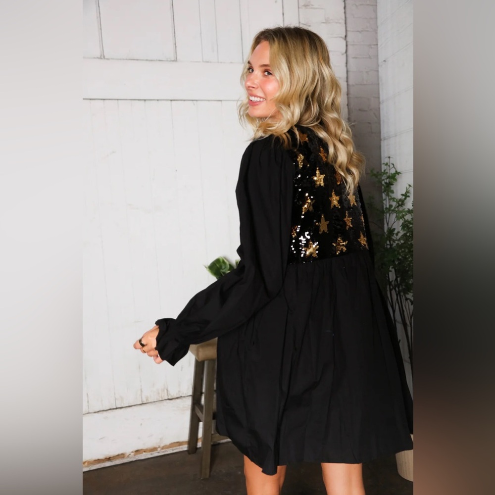 FANTASTIC FAWN BLACK & GOLD SEQUIN STARS APPLIQUE POCKETED DRESS - Picture 4 of 4